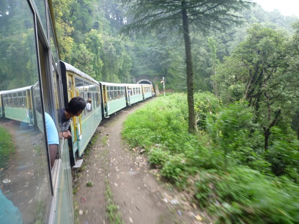Riding the narrow-gauge train back down again.